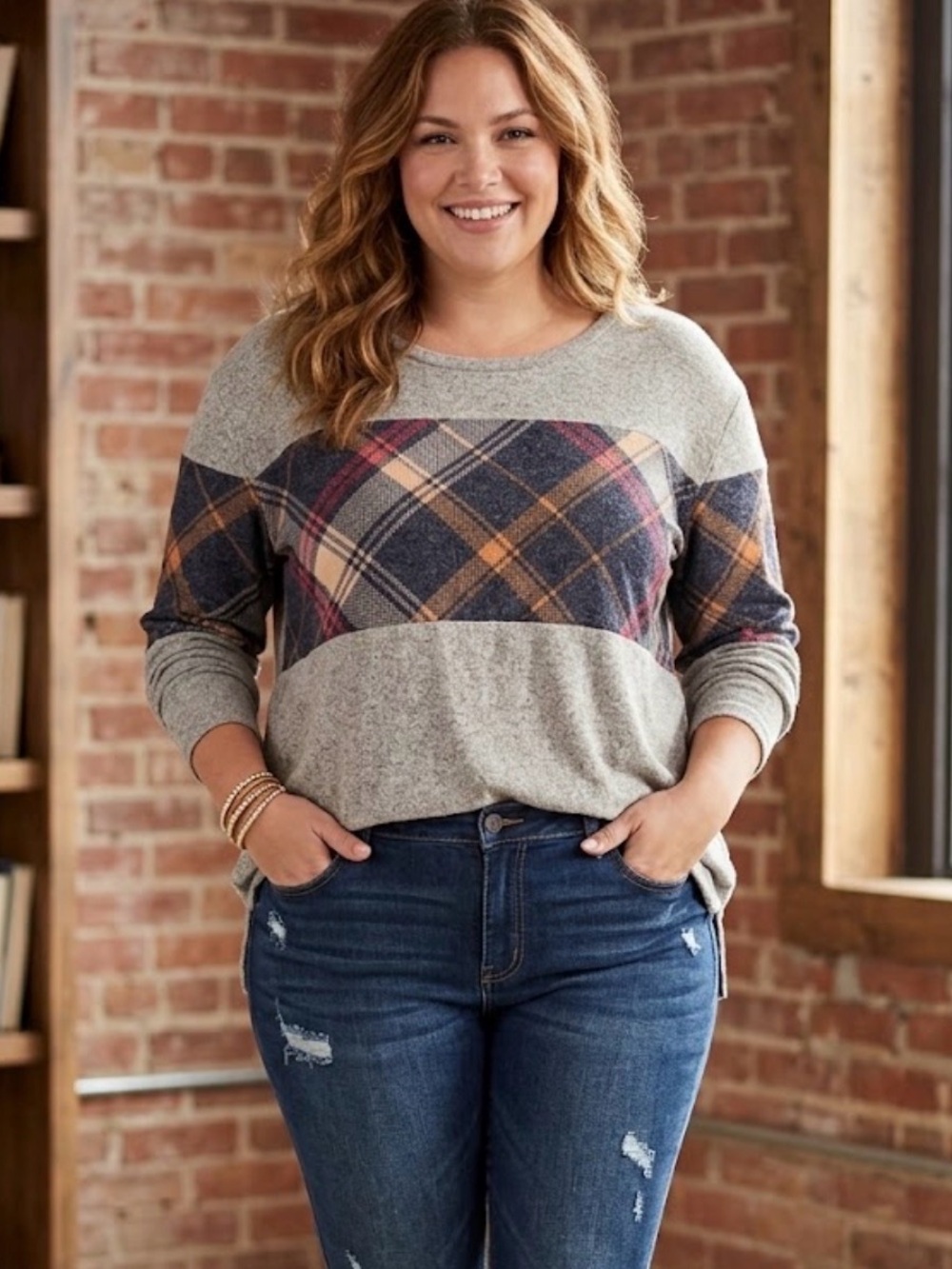 Maurices 24/7 Gray Plaid Block Long Sleeve Knit Top 3 Cozy Aesthetic